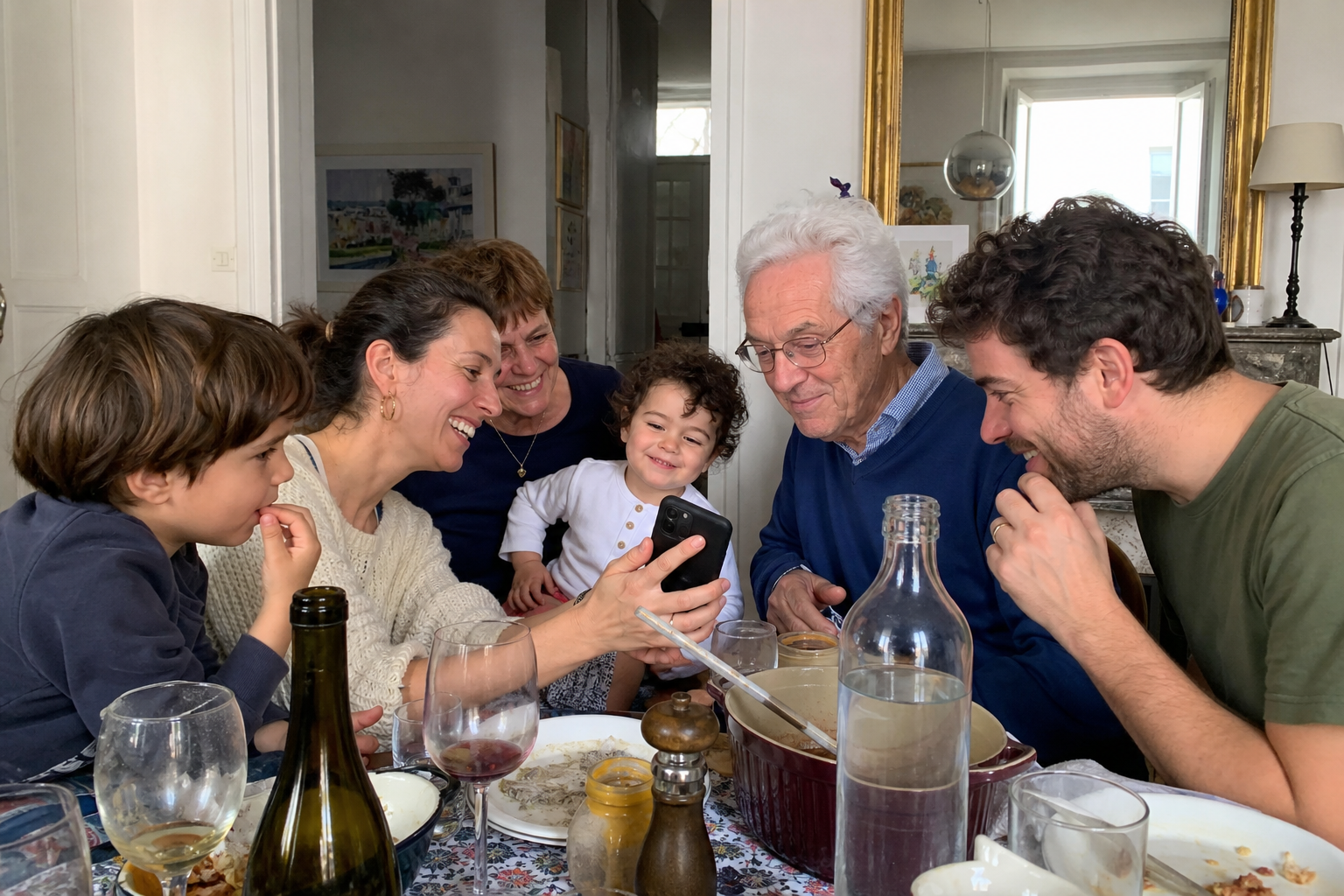 A family looking through their photos together