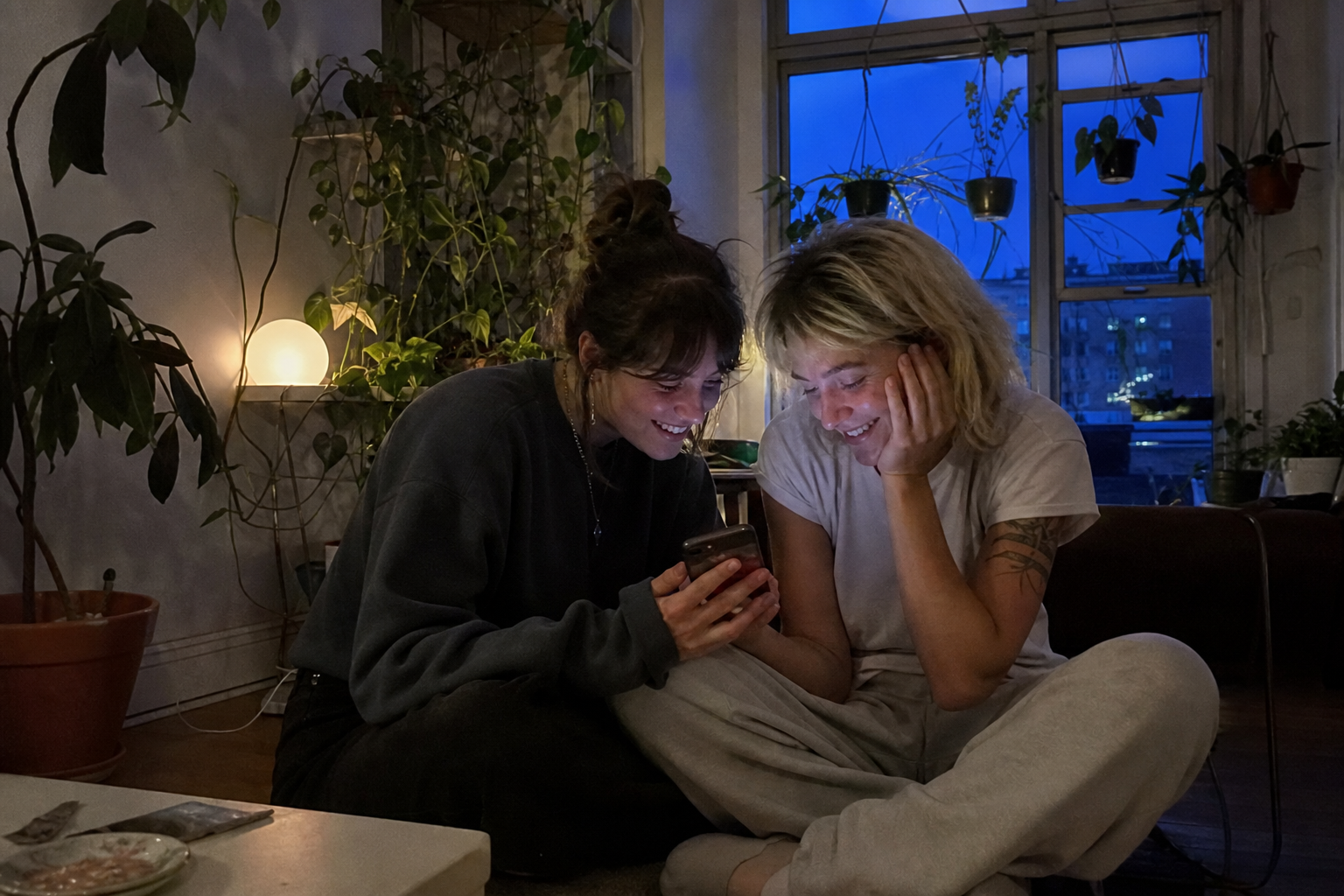 Two close friends looking at their memories in private